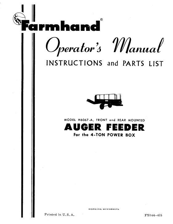 AGCO H6067-A Auger Feeder (ft & rr, for 4 ton power box, 1955) Operator Manual FS144455 English