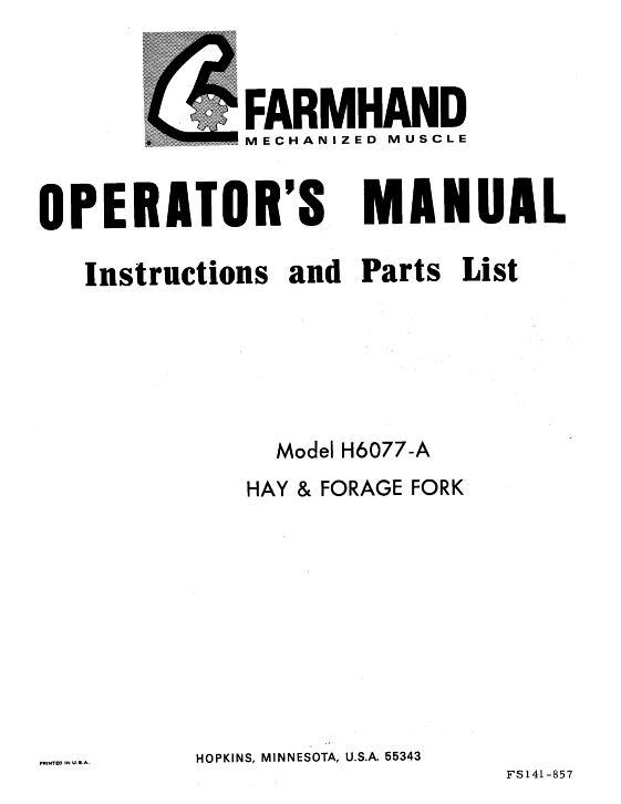 AGCO H6077-A Fork (hay & forage, 1957) Operator Manual FS141857 English 1 AGCO H6077-A Fork (hay & forage, 1957) Operator Manual FS141857 English
