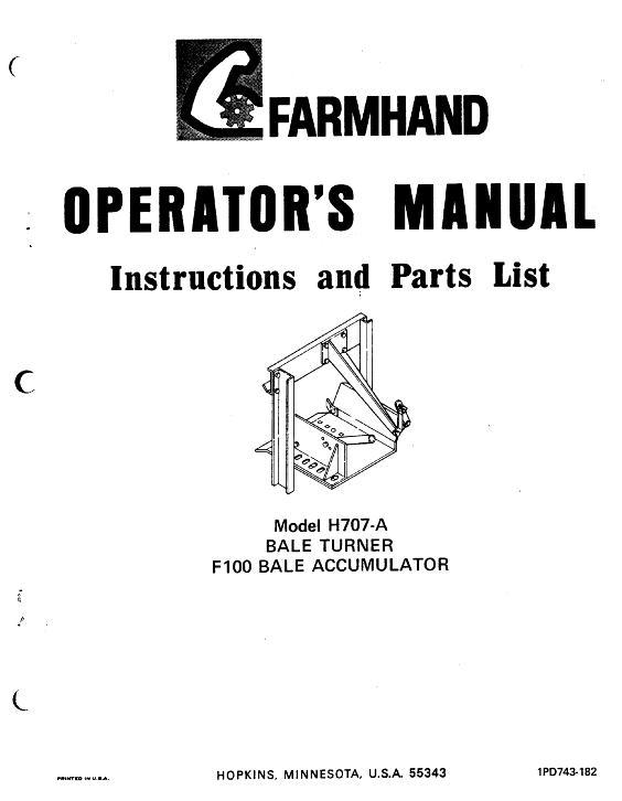 AGCO H707-A Bale Turner (for F100 bale accumulator, 1982) Operator Manual 1PD743182 English