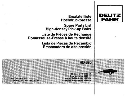 AGCO HD380 Baler Parts Book 2951294 English