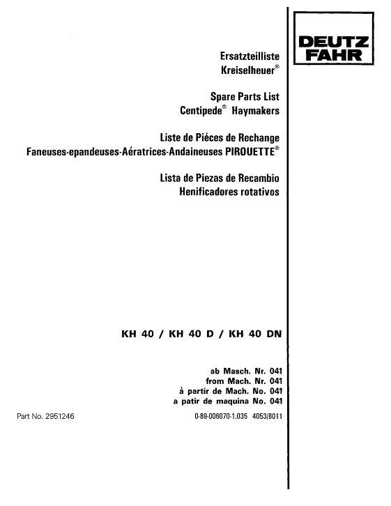 AGCO KH40D DN Tedder Parts Book 2951246 English