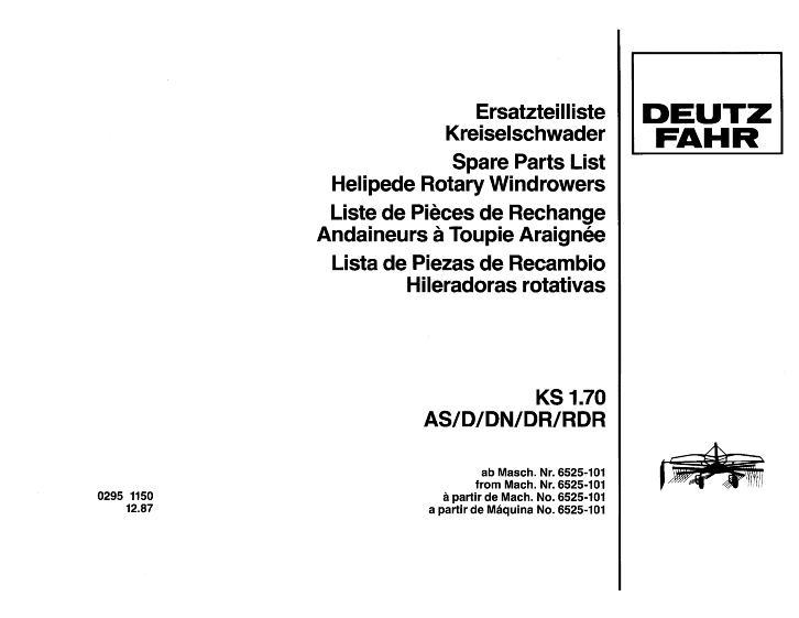 AGCO KS1.70D DN DR Rotary Windrower Rake (USA) Parts Book 2951150 Multiple