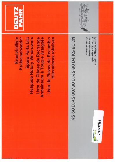 AGCO KS60D KS80D DN Rotary Windrower Parts Book 6217393 English