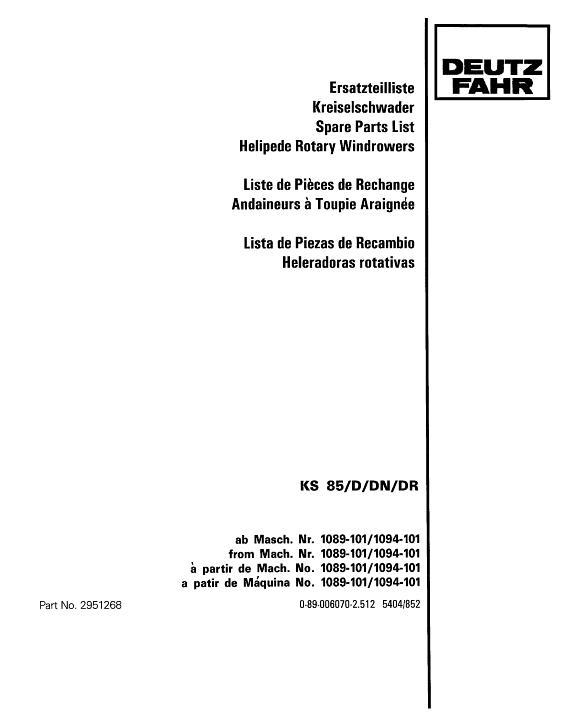 AGCO KS85D DN DR Rotary Windrower Parts Book 2951268 English
