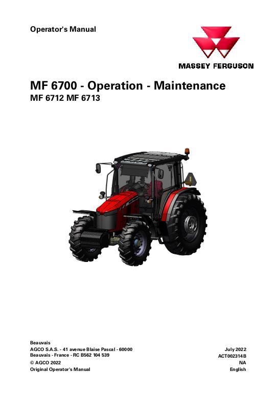 AGCO MF 6712 MF 6713 Tractor (with cab, operation and maintenance) Operator Manual ACT002314B English