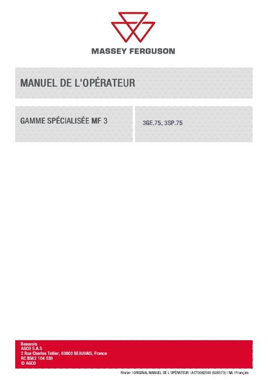 AGCO MF3 SPECIALITY RANGE OPERATOR MANUAL Operator Manual ACT0082590 French