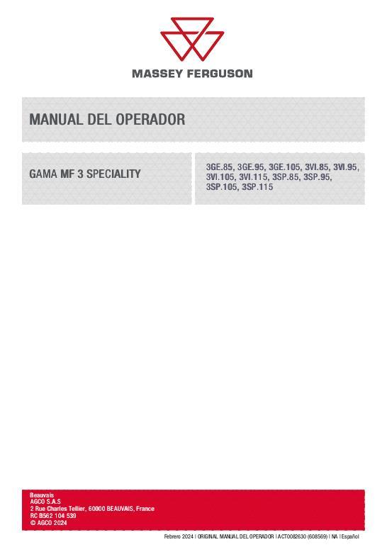 AGCO MF3 SPECIALITY RANGE OPERATOR MANUAL Operator Manual ACT0082630 Spanish