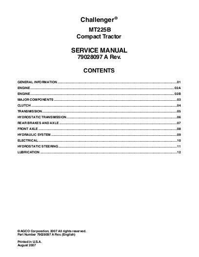 AGCO MT225B Compact Tractor (standard transmission) (packet) Service Manual 79028097A English