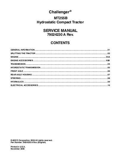 AGCO MT255B Compact Tractor (hydro transmission) (packet) Service Manual 79024230A English