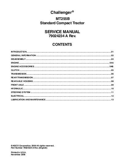 AGCO MT255B Compact Tractor (standard transmission) (packet) Service Manual 79024234A English