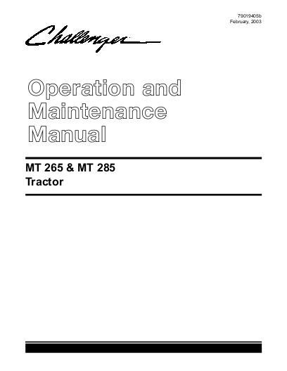 AGCO MT265 MT285 Compact Tractor (standard shuttle transmission) Operator Manual 79019405B English