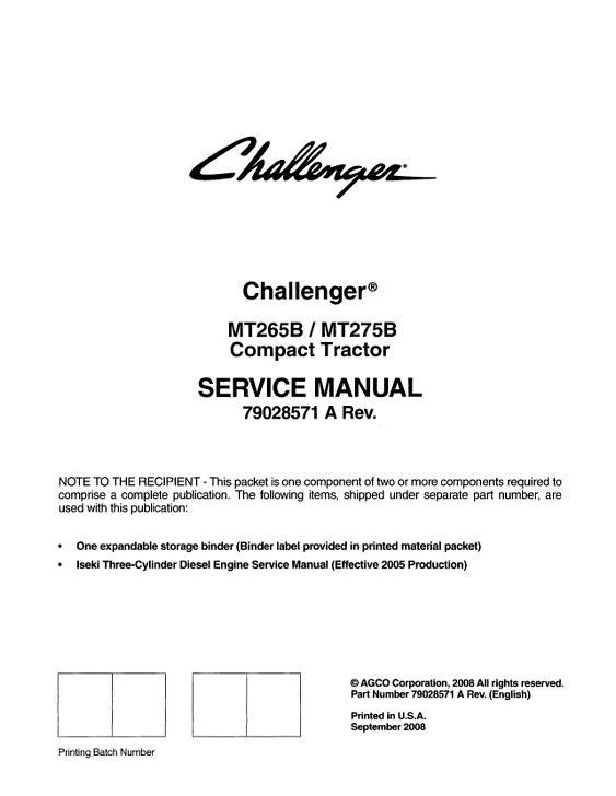 AGCO MT265B MT275B Compact Tractor (packet) Service Manual 79028571A English
