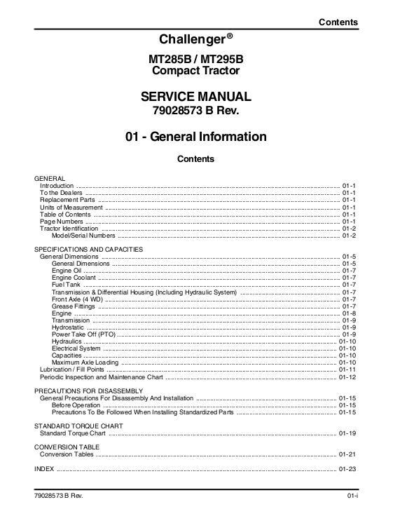 AGCO MT285B MT295B Compact Tractor (packet) Service Manual 79028573B English