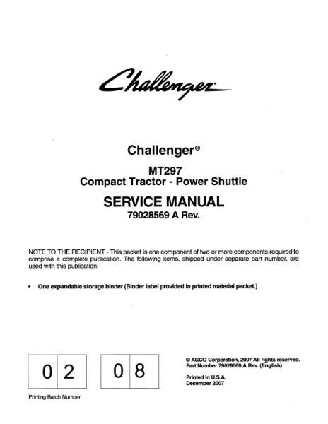 AGCO MT297 Compact Tractor (power shuttle) (packet) Service Manual 79028569A English