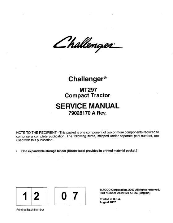 AGCO MT297 Compact Tractor (synchro shuttle) (packet) Service Manual 79028170A English