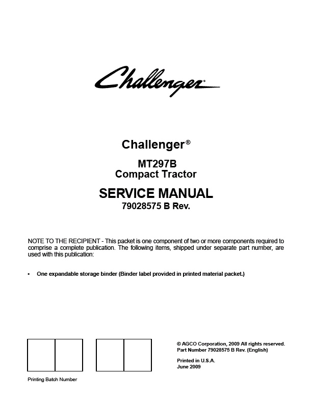 AGCO MT297B Compact Tractor (packet) Service Manual 79028575B English
