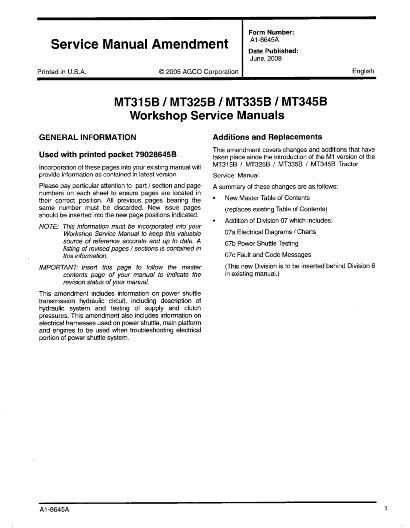 AGCO MT315B MT325B MT335B MT345B Tractor (supplement) Service Manual A1-8645A English