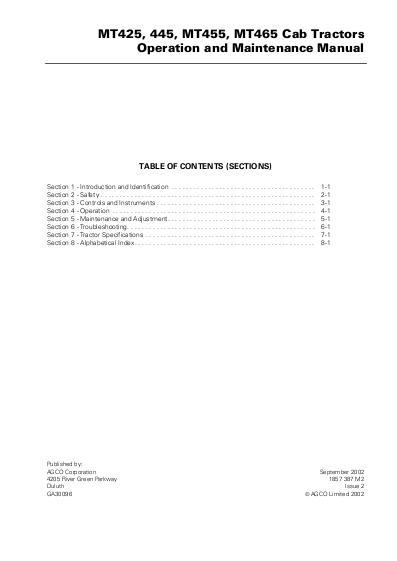 AGCO MT425 MT445 MT455 MT465 Tractor (cab version) Operator Manual 1857387M2 English