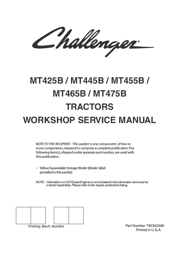 AGCO MT425B MT445B MT455B MT465B MT475B Tractor (packet) Service Manual 79034239A English