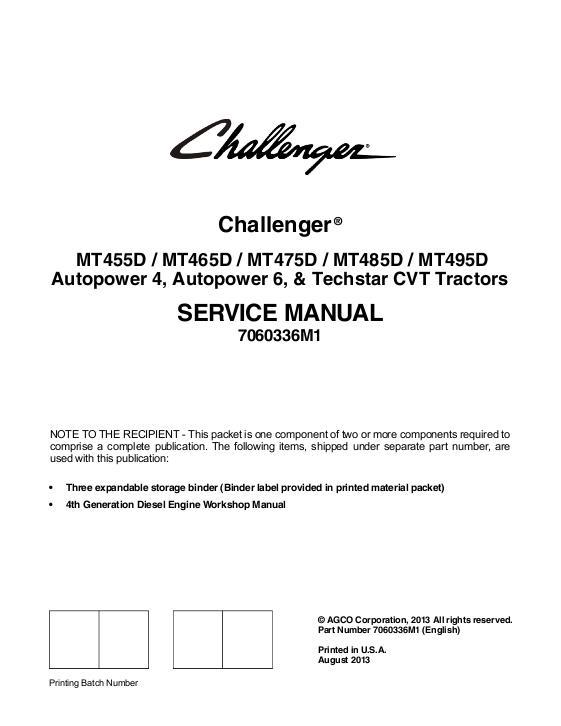 AGCO MT455D MT465D MT475D MT485D MT495D Tractor (packet) Service Manual 7060336M1 English