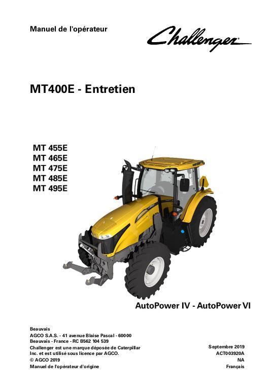 AGCO MT455E to MT495E Tractor (AutoPower IV, VI, maintenance) Operator Manual ACT003920A French