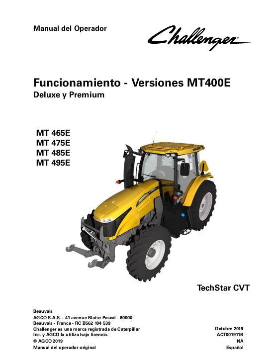 AGCO MT465E to MT495E Tractor (TechStar CVT, deluxe premium operation) Operator Manual ACT001911B Spanish