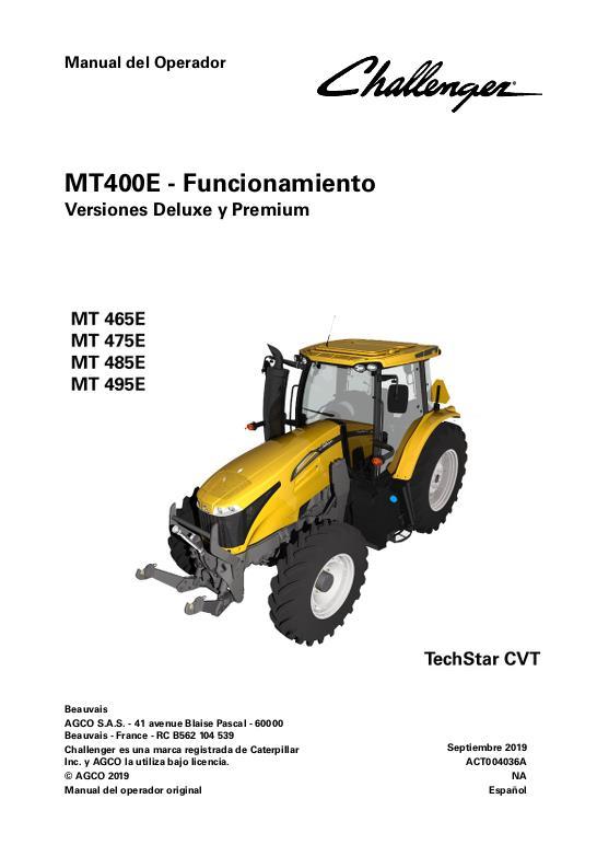AGCO MT465E to MT495E Tractor (TechStar CVT, deluxe premium operation) Operator Manual ACT004036A Spanish