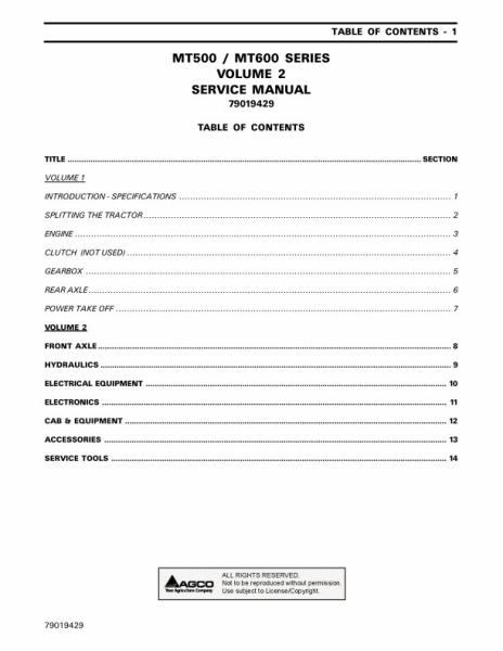 AGCO MT500 MT600 Series Tractor Vol 2 of 2 (packet) Service Manual 79019429 English
