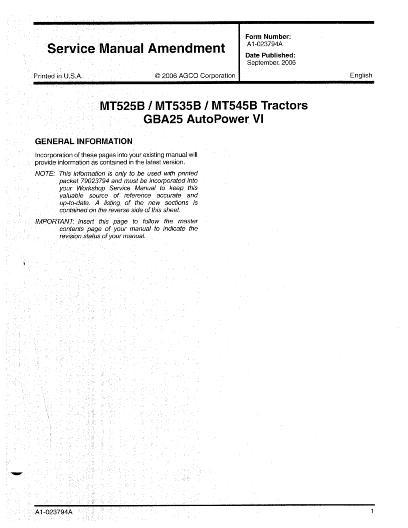AGCO MT500B Series Tractor (GBA25 supplement) Service Manual A1-023794A English