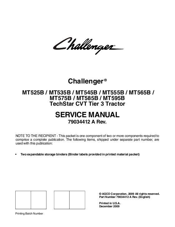AGCO MT500B Series Tractor (TechStar CVT, tier 3) (packet) Service Manual 79034412A English