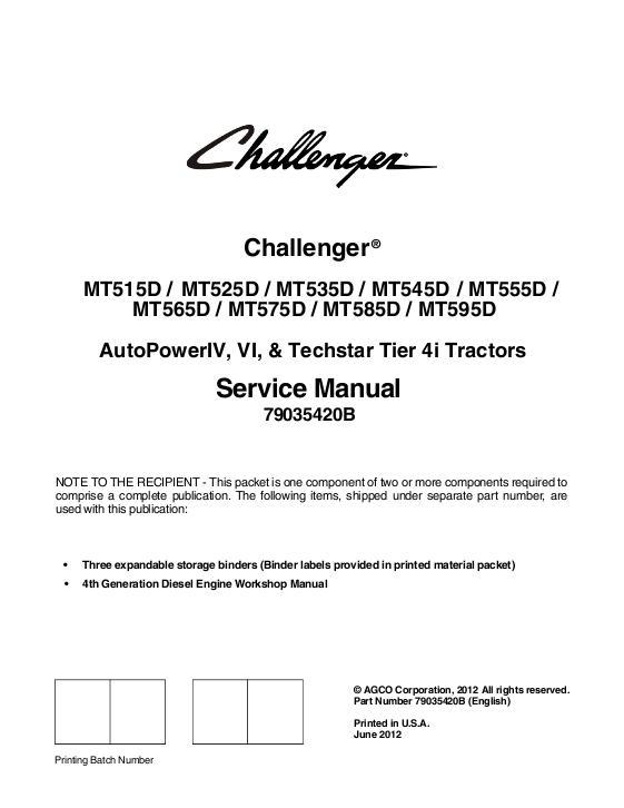 AGCO MT500D Series Tractor (AutoPower IV, VI, CVT, tier 4i) (packet) Service Manual 79035420B English