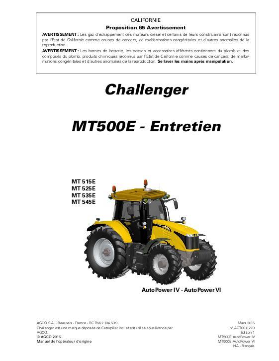 AGCO MT515E to MT545E Tractor (AutoPower IV, VI, maintenance) Operator Manual ACT0011270 French
