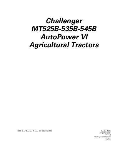 AGCO MT525B MT535B MT545B Tractor (AutoPower VI, tier 2) Operator Manual 3378743M1 English