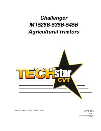 AGCO MT525B MT535B MT545B Tractor (TechStar CVT, tier 3, std cab) Operator Manual 4315451M1 English