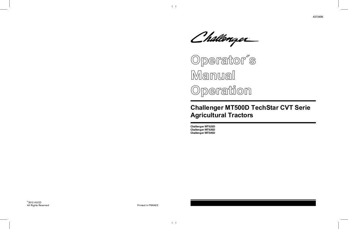 AGCO MT525D MT535D MT545D (TechStar CVT, deluxe, premium, operation) Operator Manual 4373496M2 English