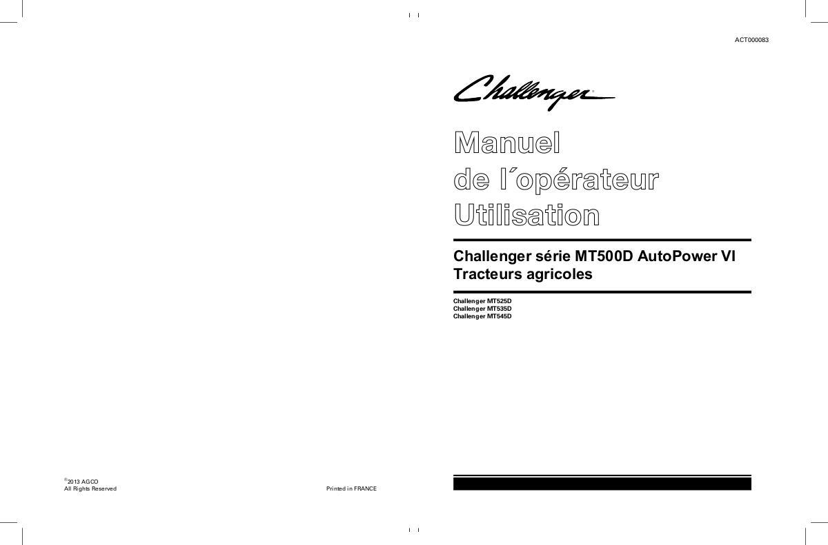 AGCO MT525D MT535D MT545D Tractor Operator Manual ACT0000830 French