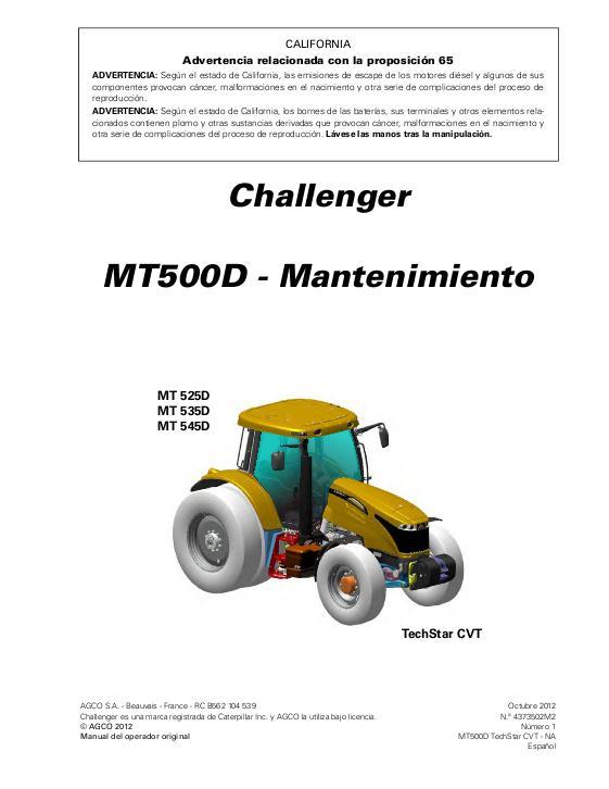 AGCO MT525D MT535D MT545D Tractor (maintenance) Operator Manual 4373502M2 Spanish