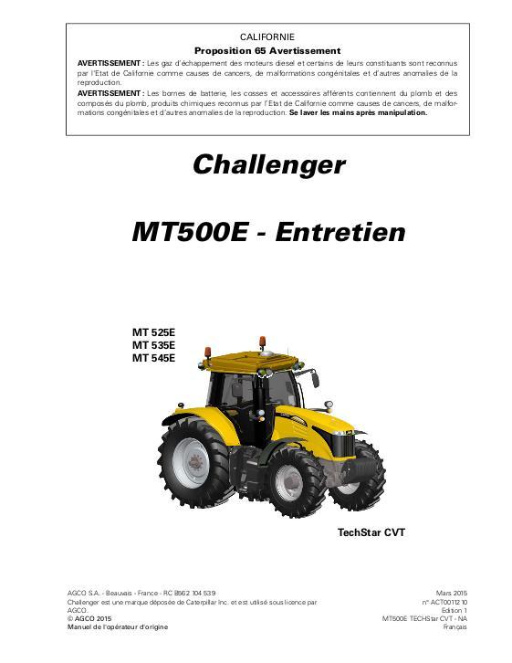 AGCO MT525E to MT545E Tractor (TechStar CVT, 500hr, maintenance) Operator Manual ACT0011210 French