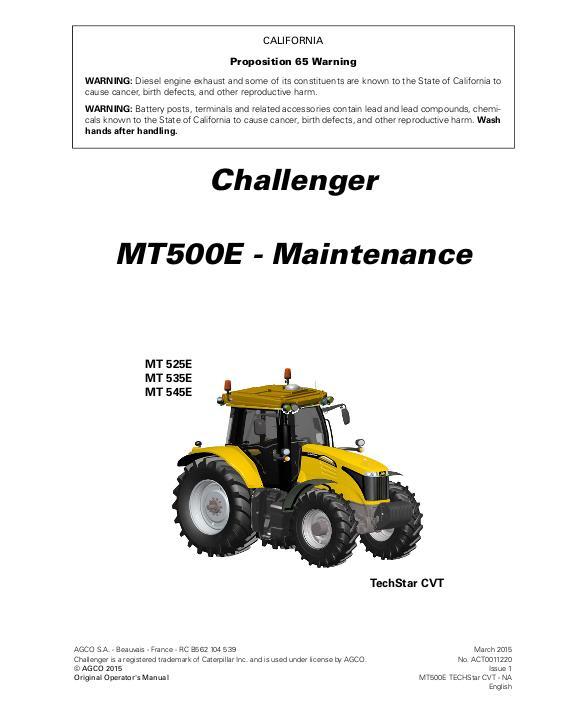 AGCO MT525E to MT545E Tractor (TechStar CVT, 500hr, maintenance) Operator Manual ACT0011220 English