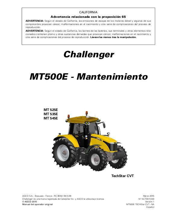AGCO MT525E to MT545E Tractor (TechStar CVT, 500hr, maintenance) Operator Manual ACT0011230 Spanish