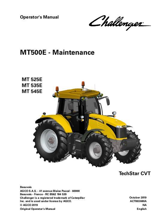 AGCO MT525E to MT545E Tractor (TechStar CVT, maintenance, phase 2) Operator Manual ACT003680A English