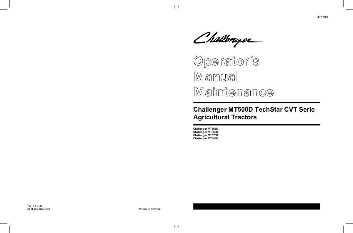 AGCO MT555D to MT585D Tractor (CVT, all cabs, maintenance) Operator Manual 4373949M1 English