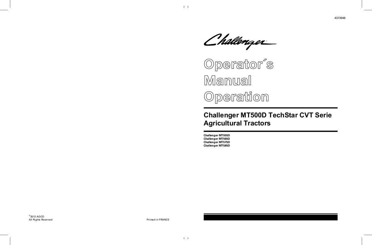 AGCO MT555D to MT585D Tractor (CVT, deluxe & premium cab, operation) Operator Manual 4373948M1 English