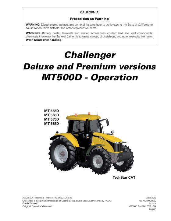 AGCO MT555D to MT595D Tractor (CVT, deluxe premium, operation) Operator Manual ACT0000560 English