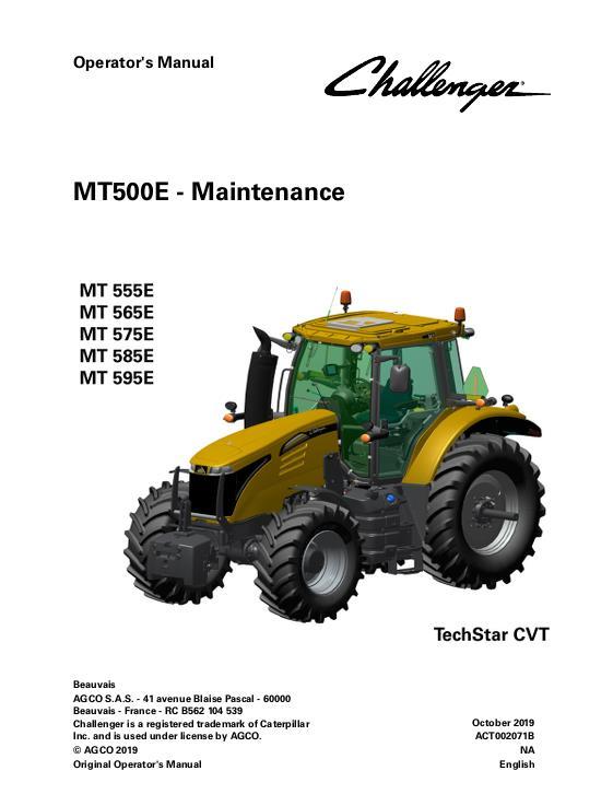 AGCO MT555E to MT595E Tractor (TechStar CVT, 600 hr, maintenance) Operator Manual ACT002071B English