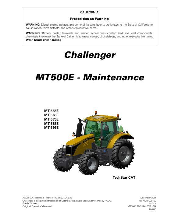 AGCO MT555E to MT595E Tractor (TechStar CVT, maintenance) Operator Manual ACT0008750 English