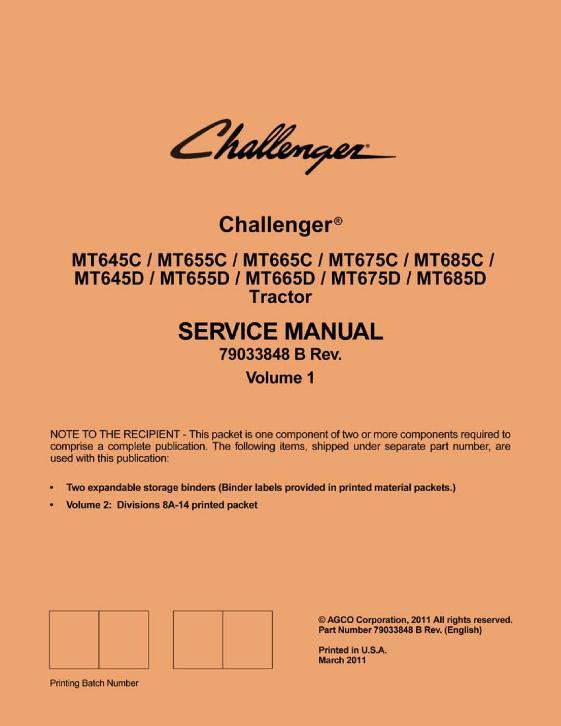 AGCO MT600C MT600D Series Tractor (packet) Service Manual 79033848B English