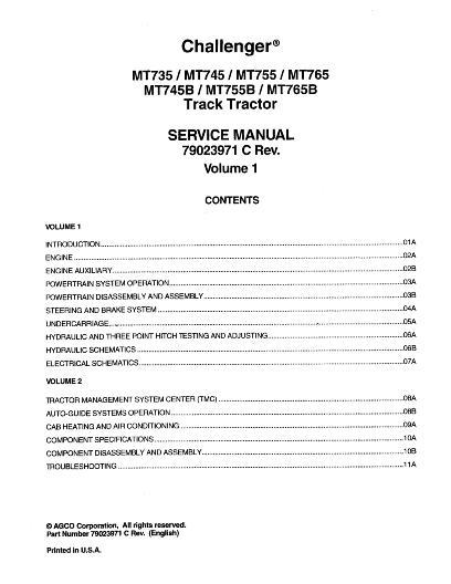AGCO MT700 MT700B Series Tractor (packet) Vol 1 of 2 Service Manual 79023971C English