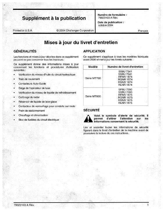 AGCO MT700 MT800 Series Tractor (supplement) Operator Manual 79023103A French