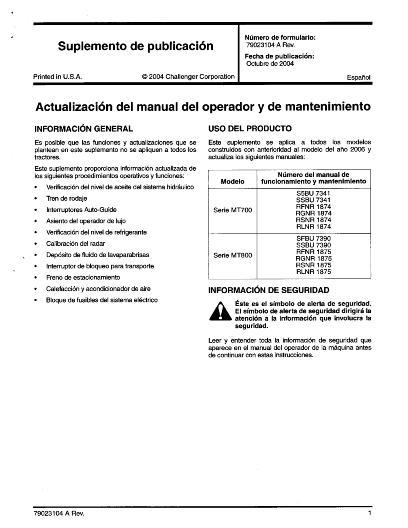 AGCO MT700 MT800 Series Tractor (supplement) Operator Manual 79023104A Spanish